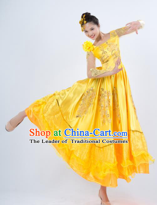 Top Grade Stage Performance Folk Dance Costume Opening Modern Dance Yellow Dress for Women
