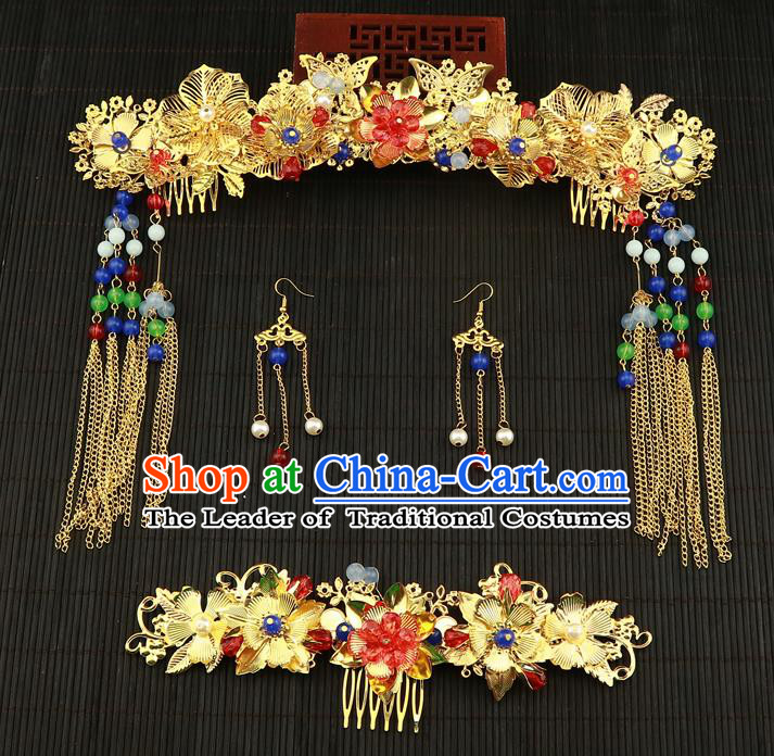 Chinese Traditional Handmade Wedding Phoenix Coronet Hair Accessories Ancient Hairpins Complete Set for Women