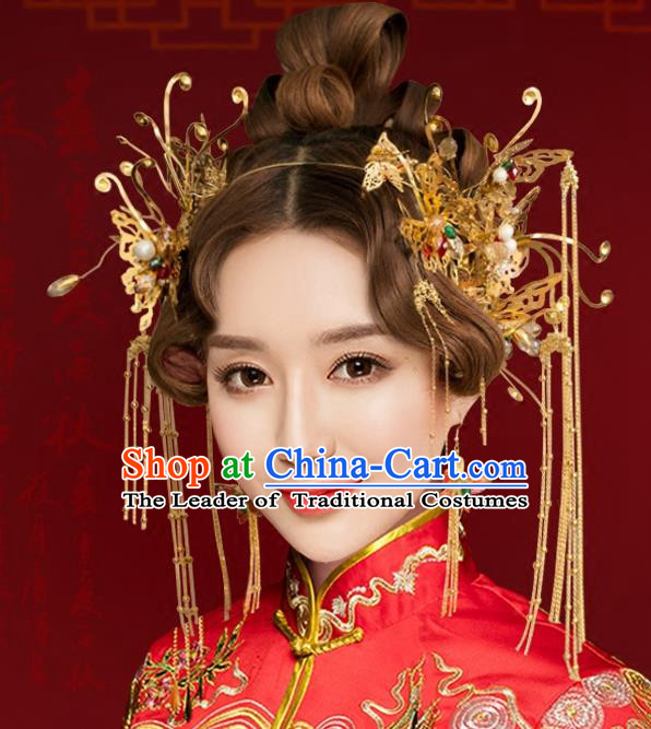 Chinese Traditional Hair Accessories Xiuhe Suit Handmade Tassel Phoenix Coronet Ancient Hairpins Step Shake for Women