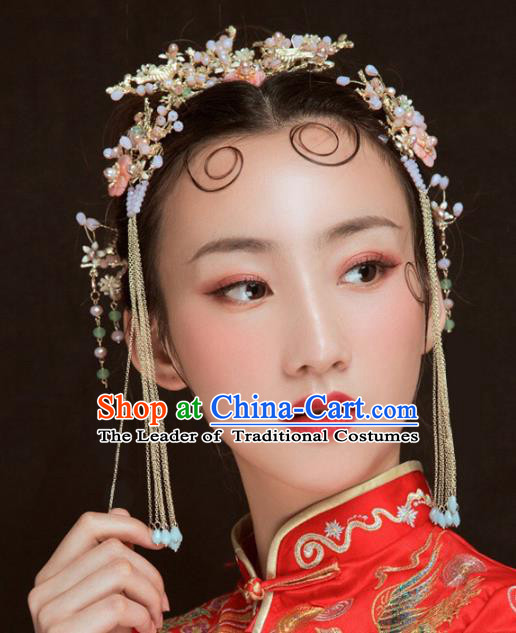Chinese Traditional Hair Accessories Xiuhe Suit Handmade Hair Comb Ancient Hairpins Tassel Step Shake for Women