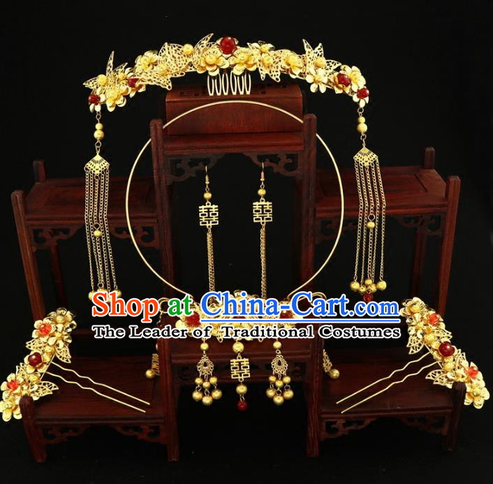 Chinese Traditional Handmade Hair Accessories Xiuhe Suit Hair Comb Ancient Hairpins and Necklace for Women