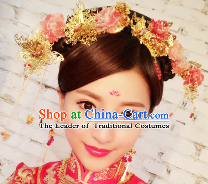 Chinese Traditional Handmade Hair Accessories Ancient Hairpins Xiuhe Suit Flowers Hair Clips Complete Set for Women