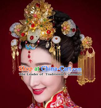 Chinese Traditional Wedding Xiuhe Suit Jade Hair Clips Hair Accessories Ancient Hairpins Complete Set for Women