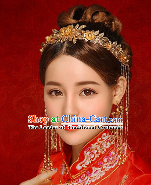 Chinese Traditional Xiuhe Suit Hair Accessories Ancient Golden Phoenix Coronet Hairpins Complete Set for Women