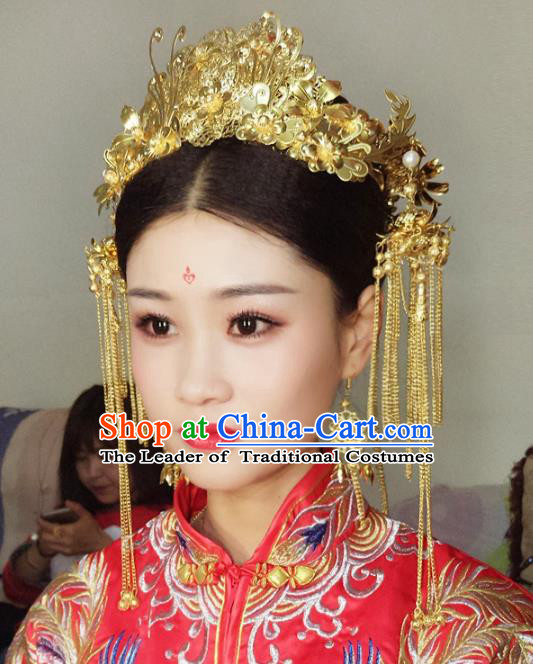 Chinese Traditional Hair Accessories Complete Set Ancient Xiuhe Suit Golden Phoenix Coronet Hairpins for Women