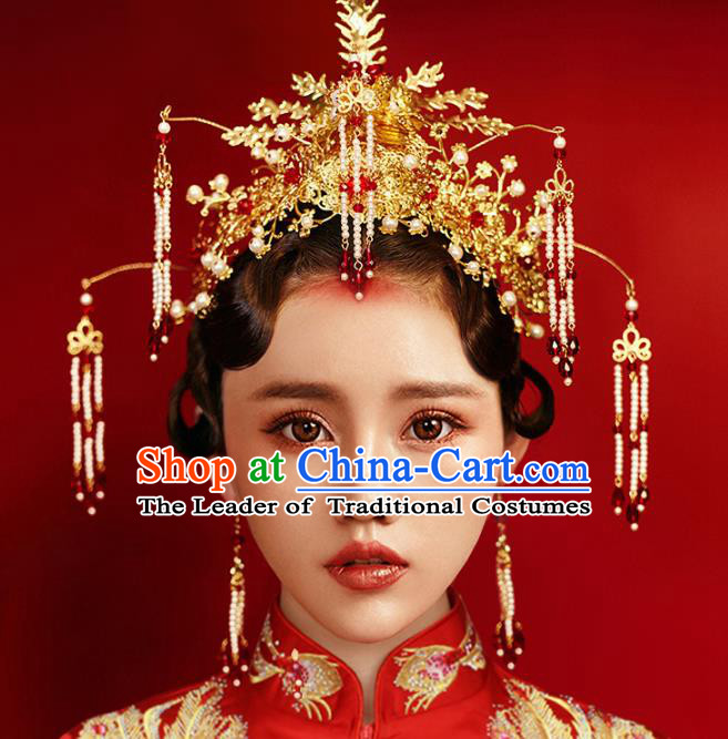 Chinese Traditional Hair Accessories Pearls Tassel Phoenix Coronet Ancient Xiuhe Suit Hairpins Complete Set for Women