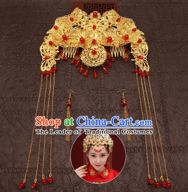 Chinese Traditional Hair Accessories Ancient Hairpins Red Beads Phoenix Coronet for Women