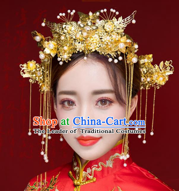 Chinese Traditional Xiuhe Suit Hair Accessories Ancient Handmade Phoenix Coronet Hairpins for Women