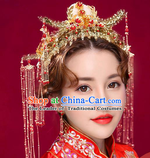 Chinese Traditional Xiuhe Suit Hair Accessories Ancient Handmade Jade Phoenix Coronet Hairpins for Women