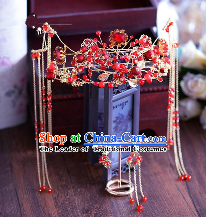 Chinese Traditional Handmade Hair Accessories Ancient Red Crystal Phoenix Coronet Tassel Hairpins for Women