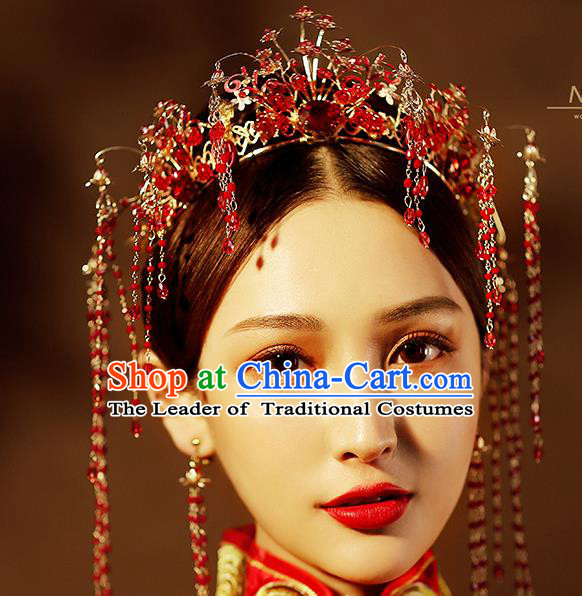 Chinese Ancient Handmade Red Crystal Phoenix Coronet Hair Accessories Traditional Xiuhe Suit Hairpins for Women