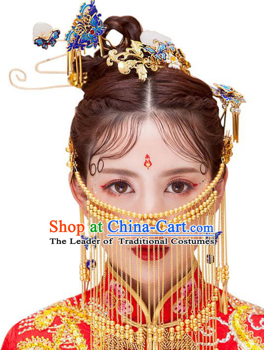 Chinese Ancient Handmade Xiuhe Suit Cloisonne Phoenix Coronet Traditional Jade Hairpins Hair Accessories Complete Set for Women