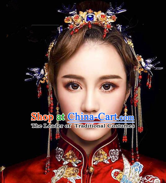 Chinese Ancient Handmade Palace Hair Accessories Cloisonne Tassel Hair Clips Traditional Hairpins Complete Set for Women