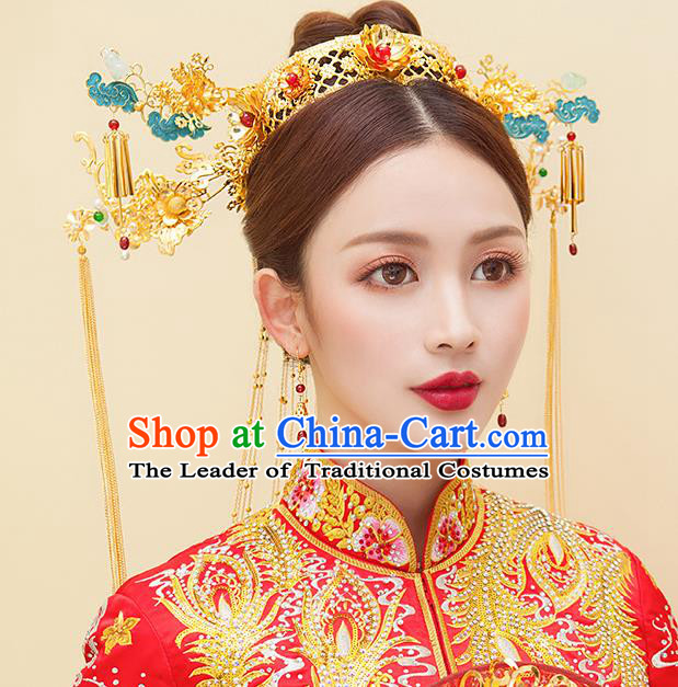 Chinese Ancient Handmade Palace Cloisonne Tassel Phoenix Coronet Step Shake Hair Accessories Traditional Hairpins for Women