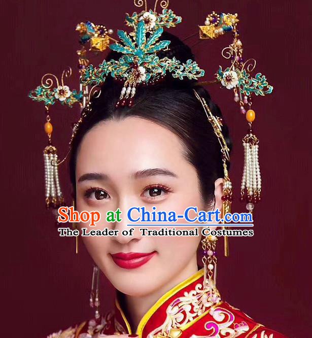 Chinese Ancient Handmade Palace Cloisonne Tassel Step Shake Traditional Hair Accessories Xiuhe Suit Hairpins for Women