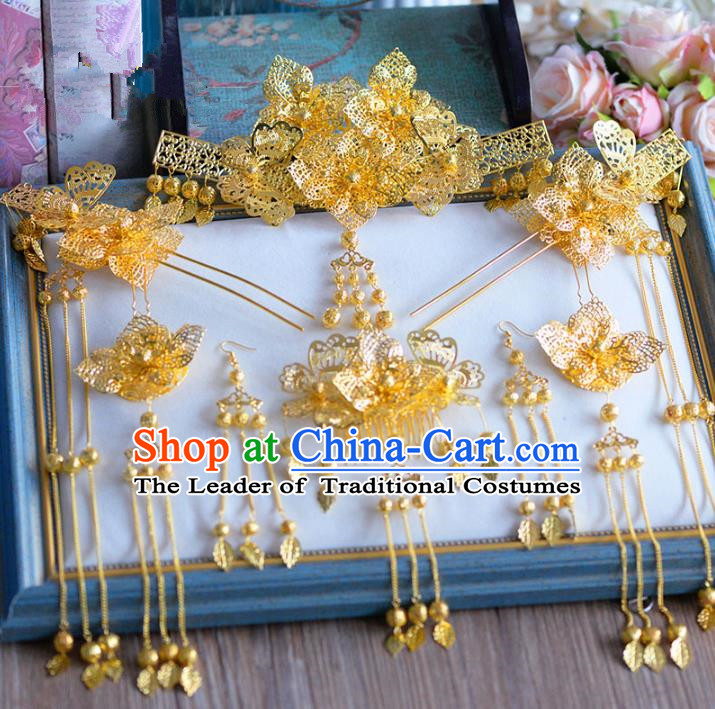 Chinese Ancient Handmade Golden Hair Clips Traditional Hair Accessories Xiuhe Suit Hairpins for Women