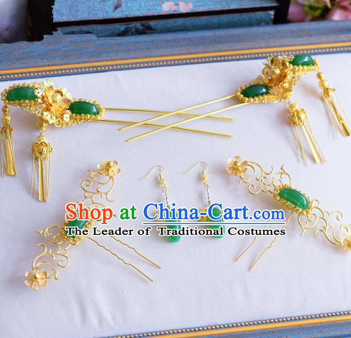 Chinese Ancient Handmade Palace Jade Hair Clips Traditional Hair Accessories Xiuhe Suit Hairpins for Women