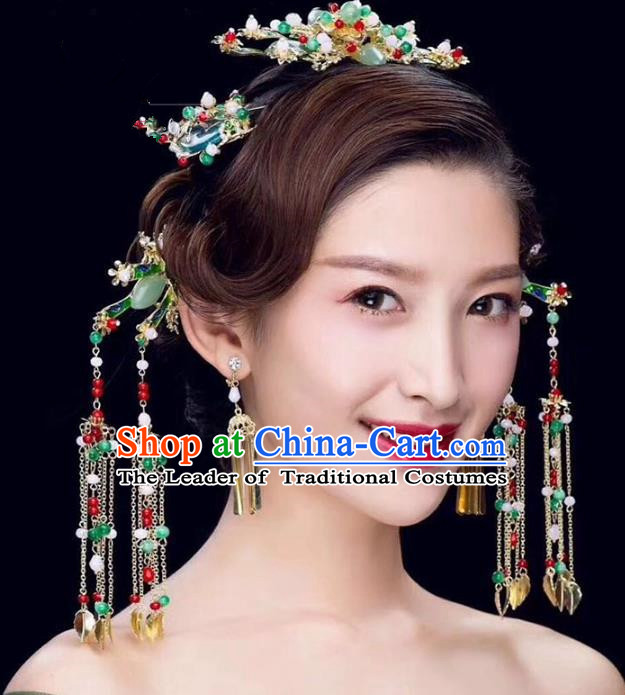 Chinese Ancient Handmade Jade Phoenix Coronet Traditional Hair Accessories Xiuhe Suit Hairpins for Women