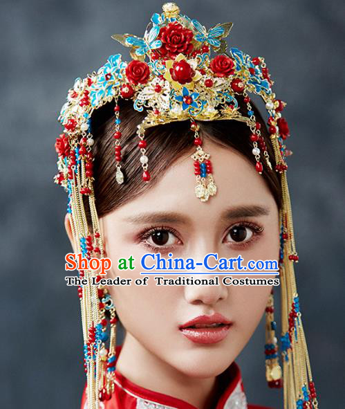 Ancient Chinese Handmade Cloisonne Phoenix Coronet Traditional Hair Accessories Xiuhe Suit Hairpins for Women