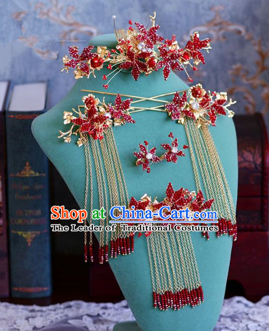 Ancient Chinese Handmade Hair Accessories Xiuhe Suit Red Beads Hair Comb Hairpins Complete Set for Women