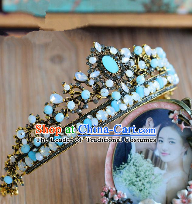Top Grade Handmade Hair Accessories Baroque Bride Blue Royal Crown Headwear for Women