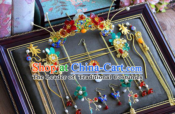 Ancient Chinese Handmade Hair Accessories Xiuhe Suit Hairpins Jade Tassel Step Shake Complete Set for Women