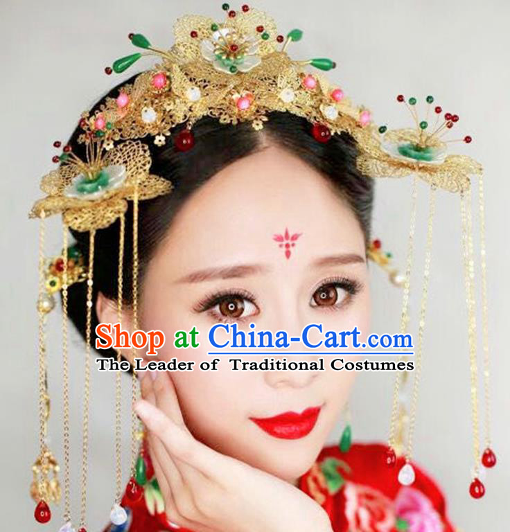 Ancient Chinese Handmade Classical Hair Accessories Palace Bride Tassel Phoenix Coronet Hairpins Complete Set for Women