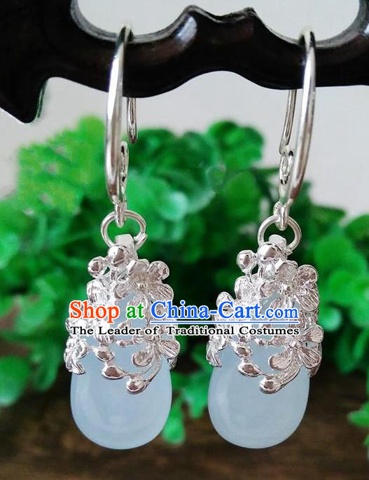 Top Grade Chinese Handmade Wedding Accessories Brass Eardrop Hanfu Blue Jade Earrings for Women