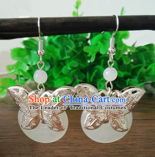 Top Grade Chinese Handmade Accessories Butterfly Eardrop Hanfu White Jade Earrings for Women
