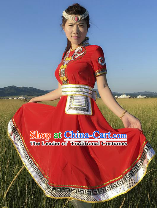 Chinese Mongol Nationality Ethnic Costume Red Dress, Traditional Mongolian Folk Dance Clothing for Women