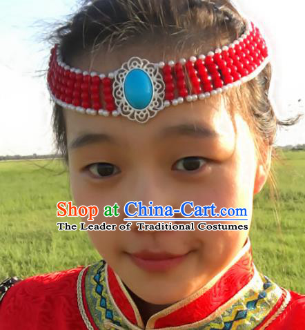 Traditional Chinese Mongol Nationality Princess Red Beads Hair Accessories, Mongolian Minority Hair Jewelry Dance Headwear for Women
