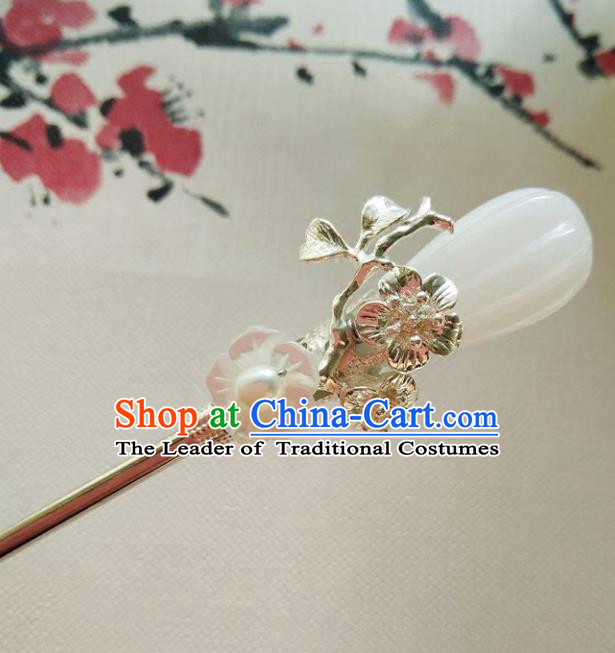 Chinese Ancient Hair Accessories Hanfu Hairpins Handmade White Jade Hair Clip for Women