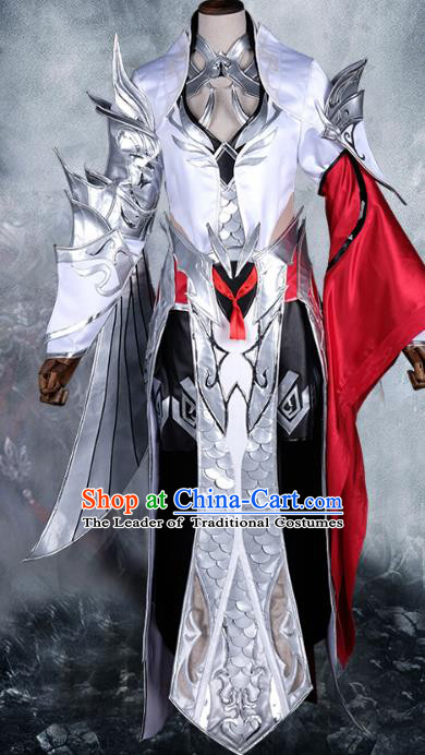 Chinese Ancient Cosplay Warrior White Costume Nobility Childe Swordsman Body Armour and Boots for Men