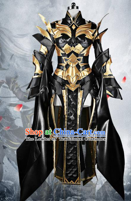 Chinese Traditional Ancient Swordswoman Female General Black Armour Costume and Boots for Women