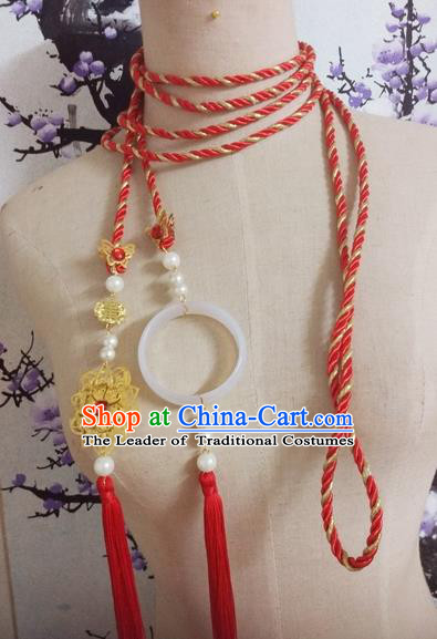 Chinese Ancient Handmade Jade Pendant Waist Accessories Hanfu Red Waist Strap Waistband for Women
