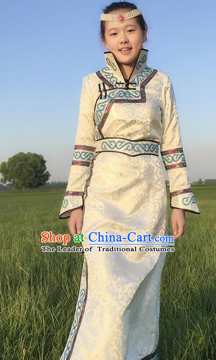 Chinese Mongol Nationality Female Ethnic Costume, Traditional Mongolian Folk Dance White Mongolian Robe for Women