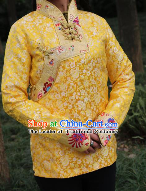 Chinese Traditional Tibetan Minority Costume Yellow Blouse Zang Nationality Clothing for Women