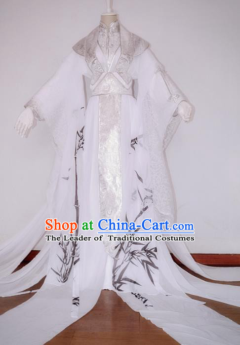 Chinese Han Dynasty Nobility Childe White Hanfu Ancient Swordsman Printing Bamboo Clothing for Men