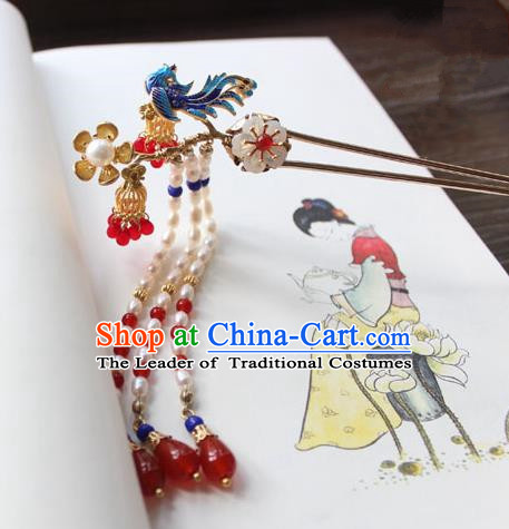 Chinese Ancient Handmade Palace Blueing Hair Clip Hair Accessories Hanfu Pearls Tassel Hairpins for Women