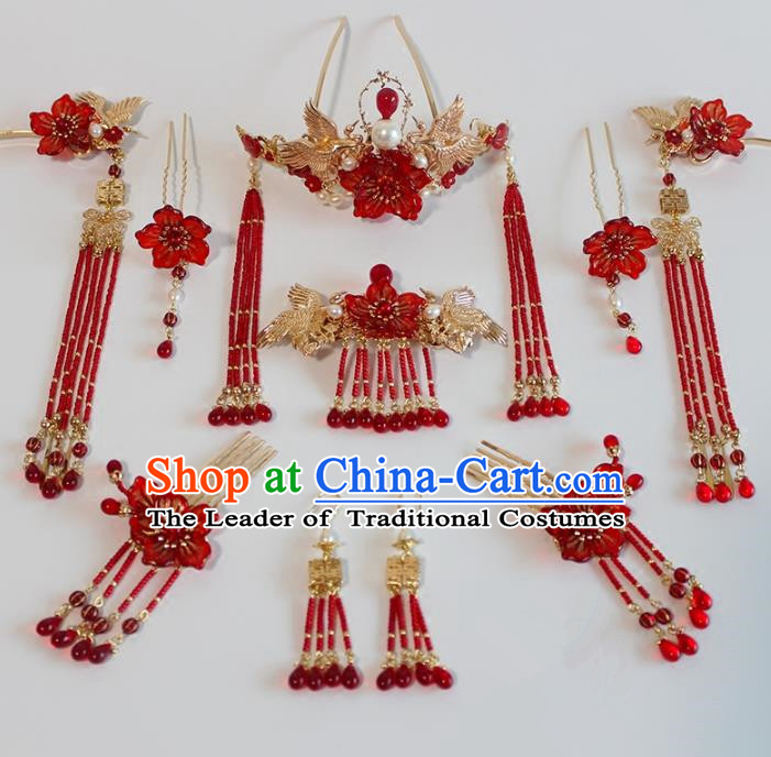 Chinese Ancient Handmade Classical Red Beads Tassel Hair Clip Hair Accessories Hanfu Hairpins Complete Set for Women