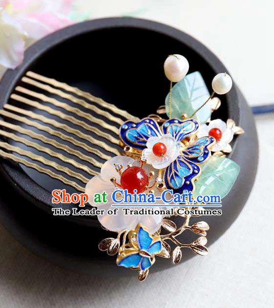 Chinese Ancient Handmade Bride Hair Comb Classical Hair Accessories Hanfu Blueing Butterfly Hairpins for Women