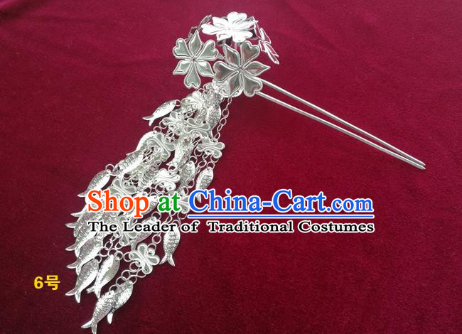 Chinese Traditional Miao Nationality Hair Accessories, Hmong Sliver Fishes Tassel Flowers Hairpins Headwear for Women