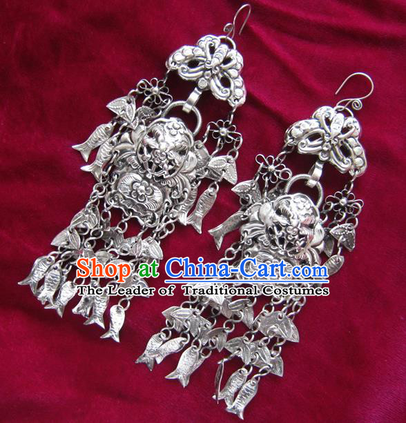 Chinese Handmade Miao Nationality Jewelry Accessories Hmong Sliver Fishes Tassel Earrings for Women