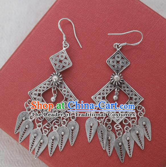 Chinese Handmade Miao Nationality Tassel Eardrop Jewelry Accessories Hmong Sliver Earrings for Women