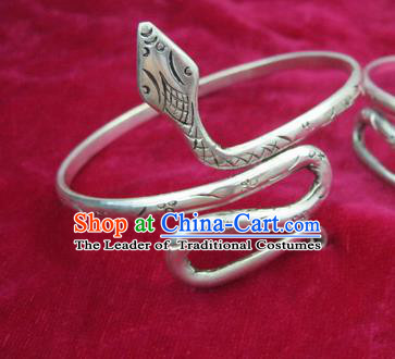 Chinese Miao Sliver Ornaments Snake Bracelet Traditional Hmong Bangle Accessories for Women