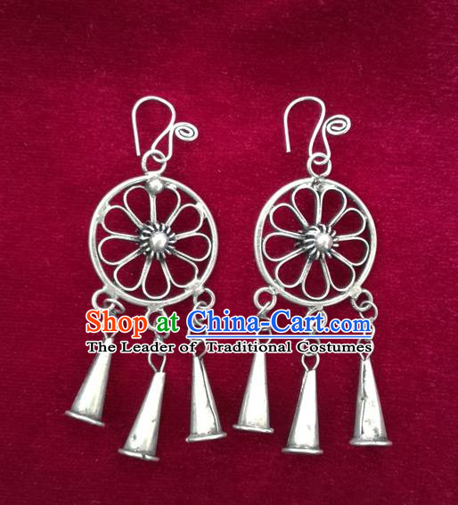 Chinese Handmade Miao Sliver Trumpet Eardrop Hmong Nationality Earrings for Women