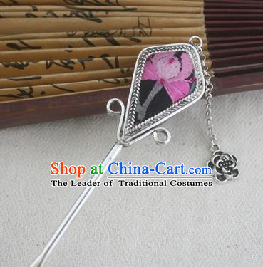 Traditional Chinese Miao Nationality Embroidered Sliver Hair Clip Hanfu Hairpins Hair Accessories for Women