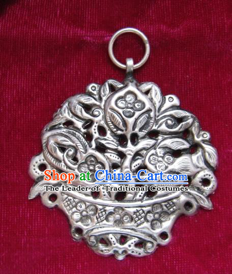 Chinese Miao Sliver Ornaments Carving Necklace Traditional Hmong Sliver Longevity Lock Pendant for Women