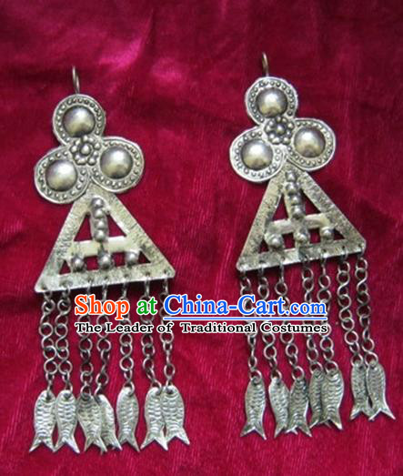 Chinese Handmade Miao Sliver Tassel Earrings Hmong Nationality Eardrop Pendant for Women