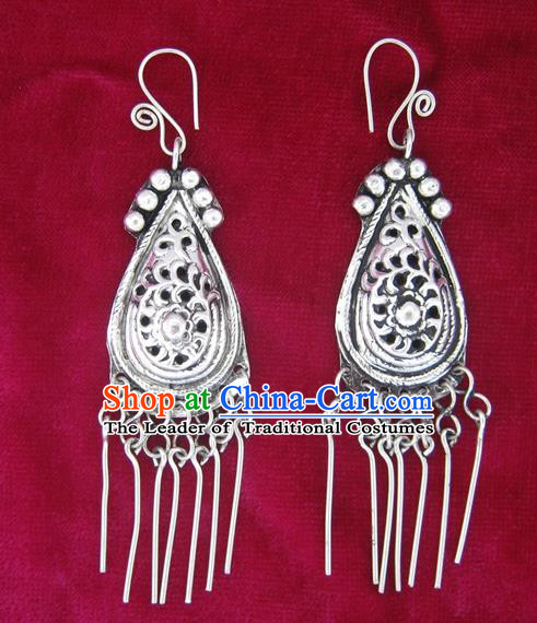 Chinese Miao Sliver Tassel Earrings Ornaments Traditional Hmong Sliver Eardrop for Women
